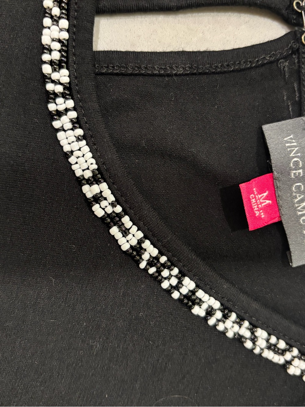 Vince Camuto Black Tank Top with Black & White Beaded Neckline